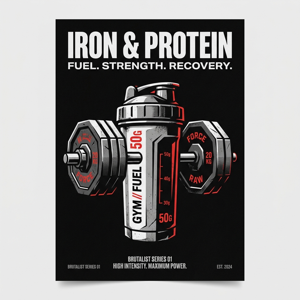 Brutalist graphic showing protein weights and fuel: Iron & Protein